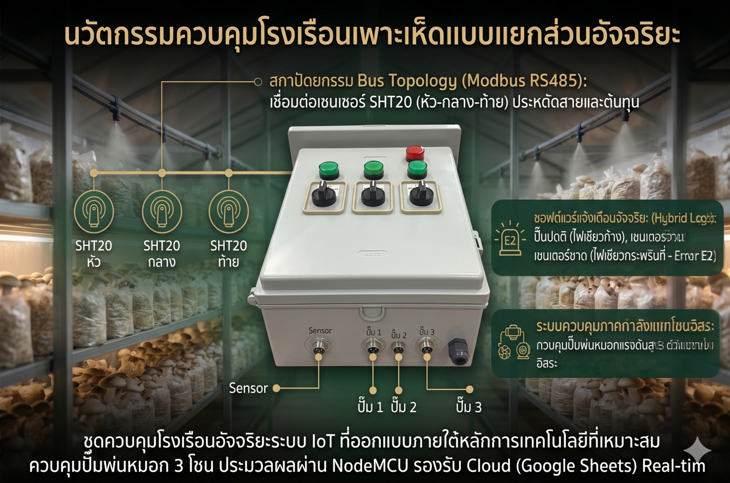 ชุดควบคุมสภาพแวดล้อมโรงเรือนเพาะเห็ดแบบแยกส่วนอัจฉริยะ