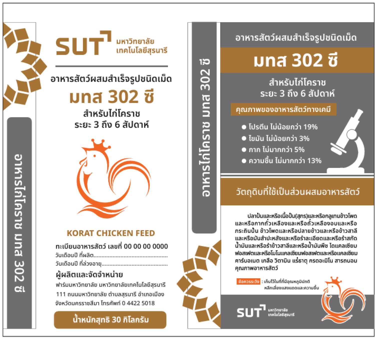 มทส.302 ซี (อาหารสัตว์ผสมสำเร็จรูปชนิดเม็ด) อยู่ระหว่างดำเนินการออกเลขจดแจ้งทะเบียนอาหารสัตว์เพื่อจำหน่าย