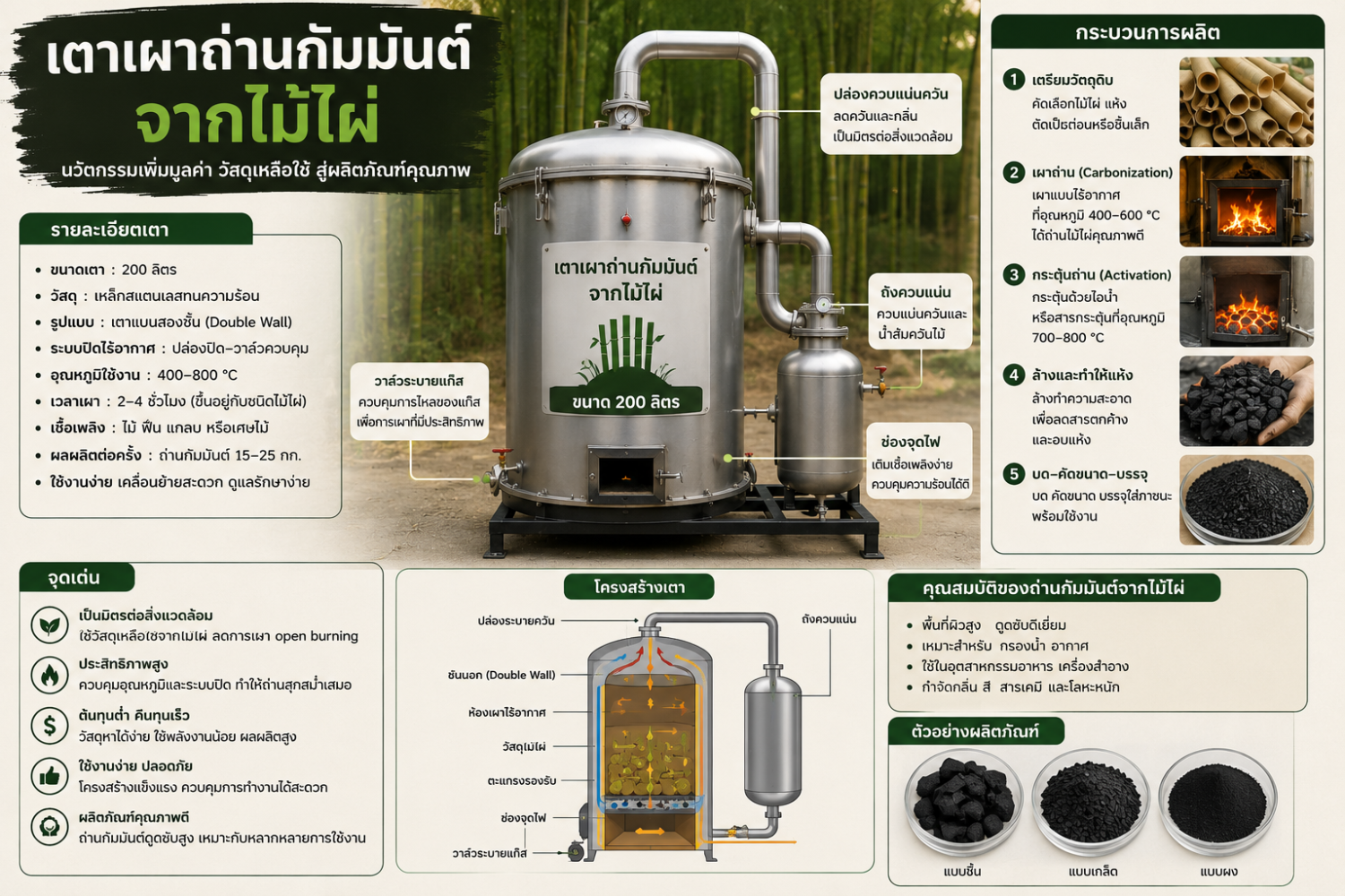 เตาเผาถ่านกัมมันต์จากไม้ไผ่