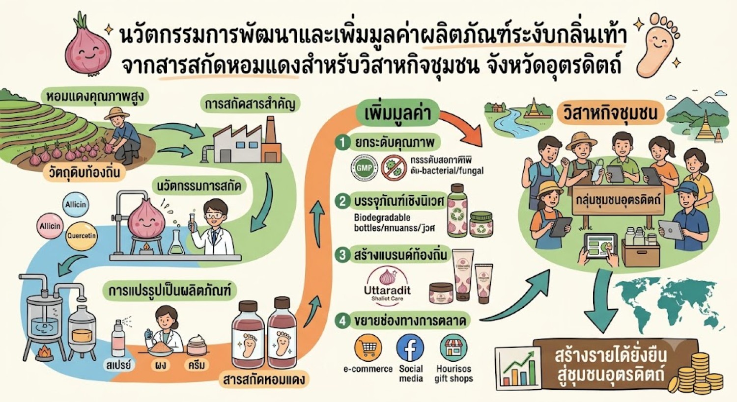 นวัตกรรมการพัฒนาและเพิ่มมูลค่าผลิตภัณฑ์ระงับกลิ่นเท้าจากสารสกัดหอมแดงสำหรับวิสาหกิจชุมชน จังหวัดอุตรดิตถ์
