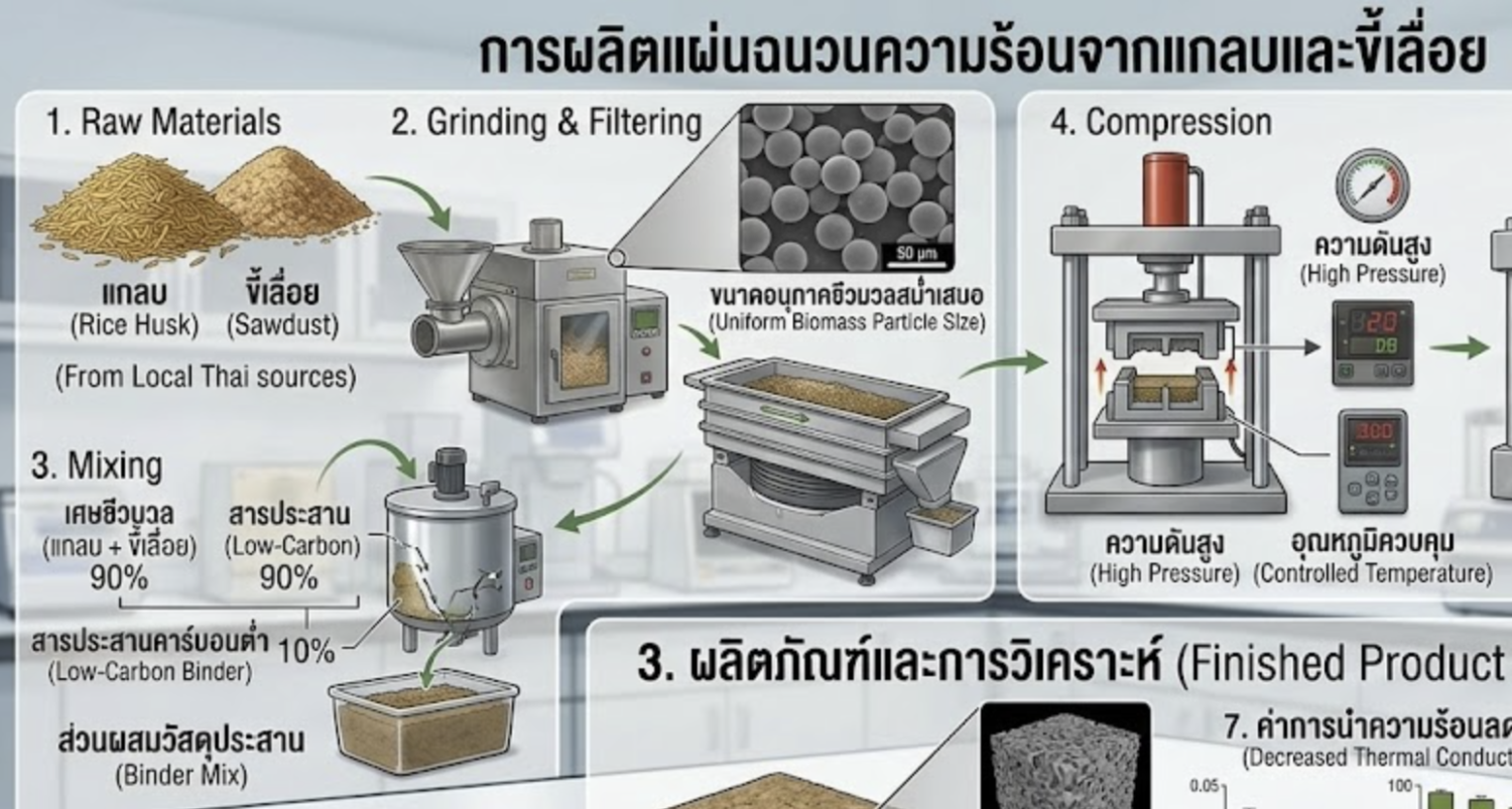 การผลิตแผ่นฉนวนความร้อนจากแกลบและขี้เลื่อย